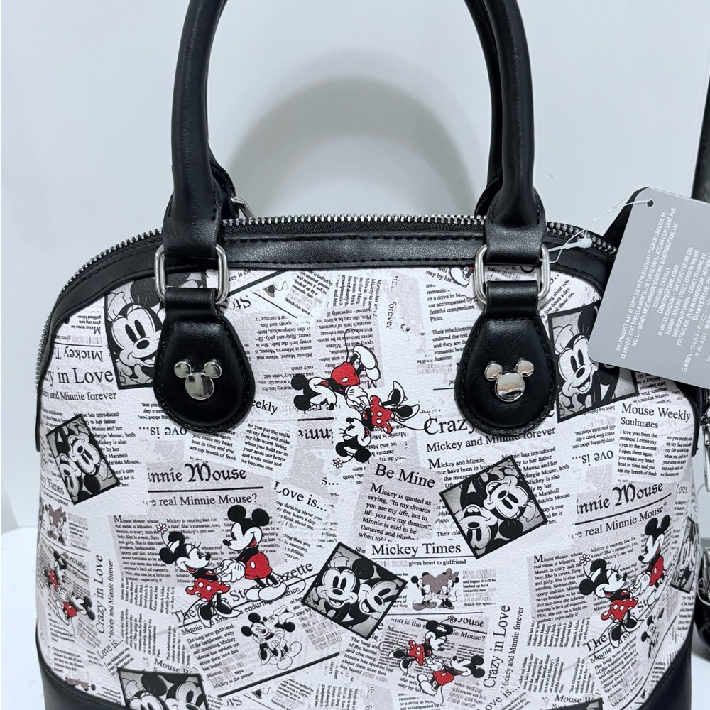 NWT Disney Mickey Crazy in Love Newspaper Print Pattern Satchel Purse Bag